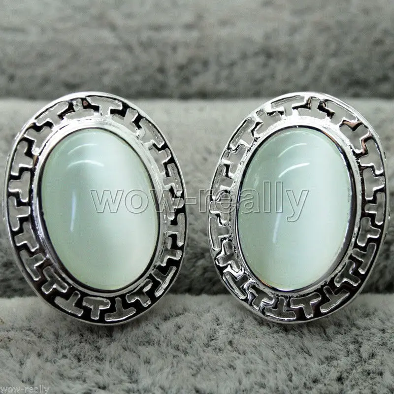 

FREE SHIPPING>>ELEGANT 17x20MM WHITE CAT EYE'S STONE GEMS 925 STERLING SILVER EARRINGS JEWEL