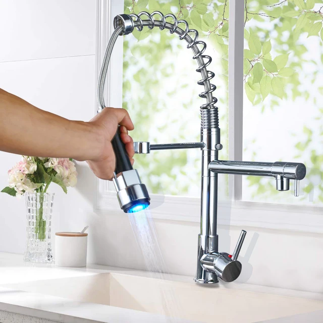 Best Quality Chrome LED Light Kitchen Faucet Spring Pull Down Kitchen Mixer with Hot Cold Water Single Handle Swivel Spout Handheld Head