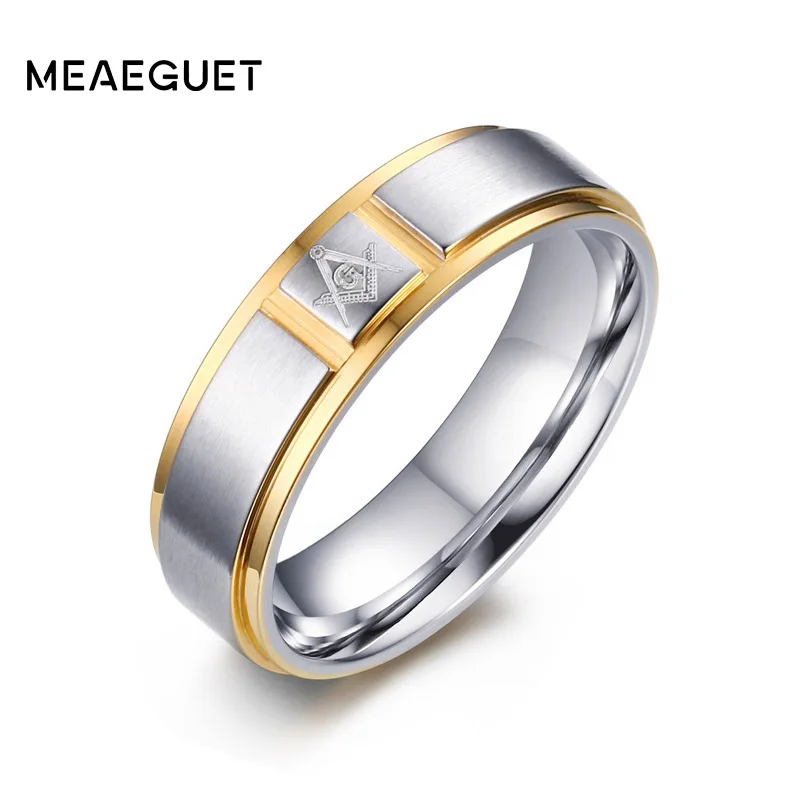 Meaeguet Men Masonic Rings Stainless Steel Gold-Color 6MM Wide Ring For Male Wedding Jewelry
