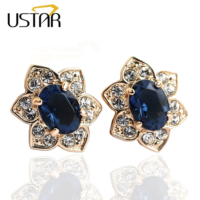 

USTAR Blue Zirconia Crystals clip earrings for women Rose Gold color fashion Jewelry earrings female flower ear cuff bijoux