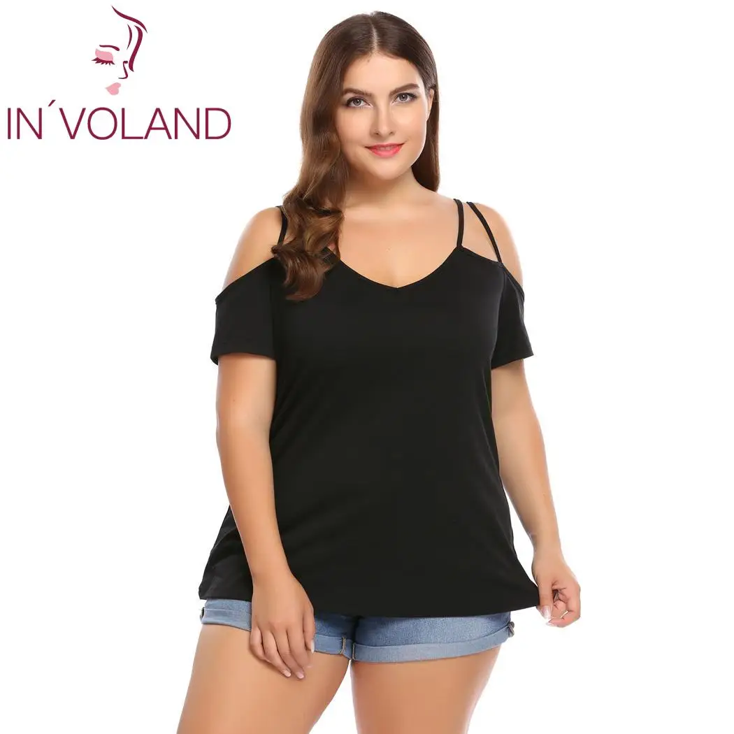 

IN'VOLAND Plus Size Women T-Shirt Tops XL-5XL V-Neck Cold Shoulder Short Sleeve Solid Slim Fit Large Pullovers Tshirt Big Size