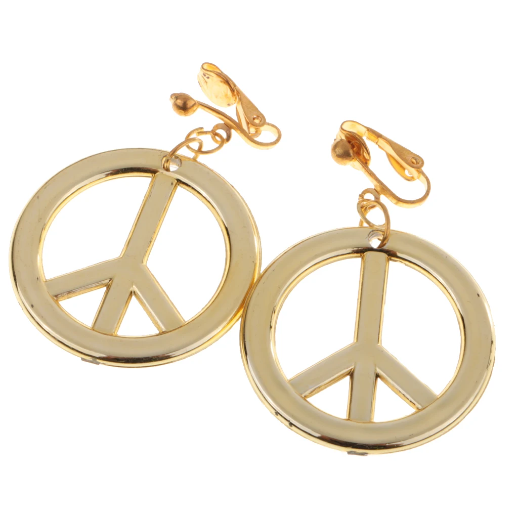 2 Packed Boho Hippie Embroidered Headband & Gold Peace Symbol Earrings Costume Accessories