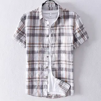 

High quality 2020 Summer New 100% Linen Men's short sleeve plaid shirts casual lapel shirt mens fashion mens clothing tops M-3XL