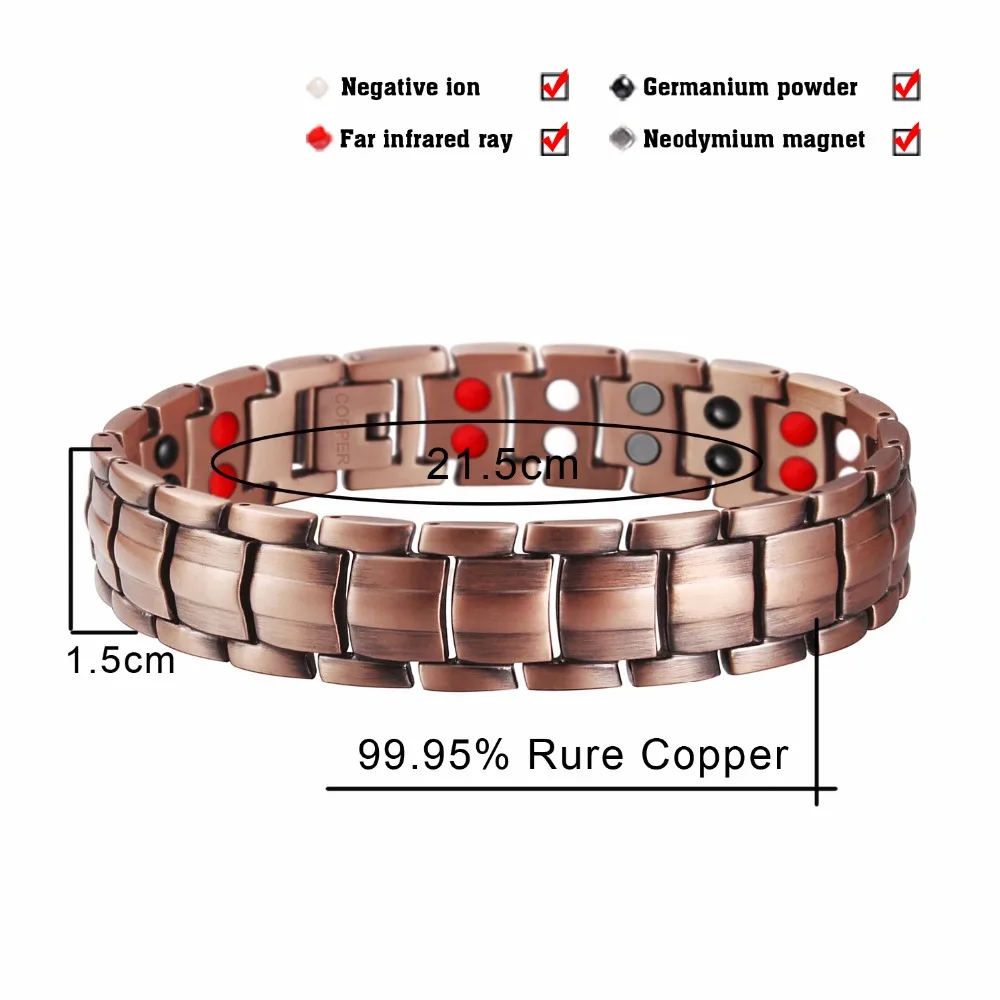 Hottime Double Row 4 IN 1 Bio Elements Energy Magnetic Bracelet Men's Fashion Healing 99.95% Pure Copper Bracelets Bangles