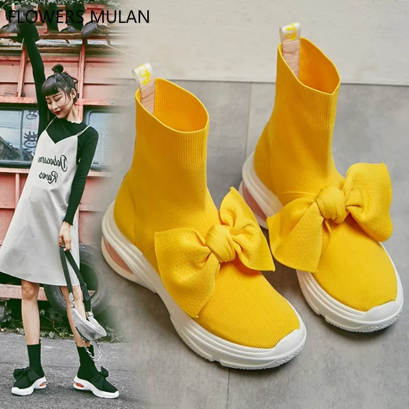 

2018 New Famous Brand Yellow Black Stretch Fabric Sock Boots With Bowtie Hoof Heels Harajuku Old Shoes Casual Girl Sneakers