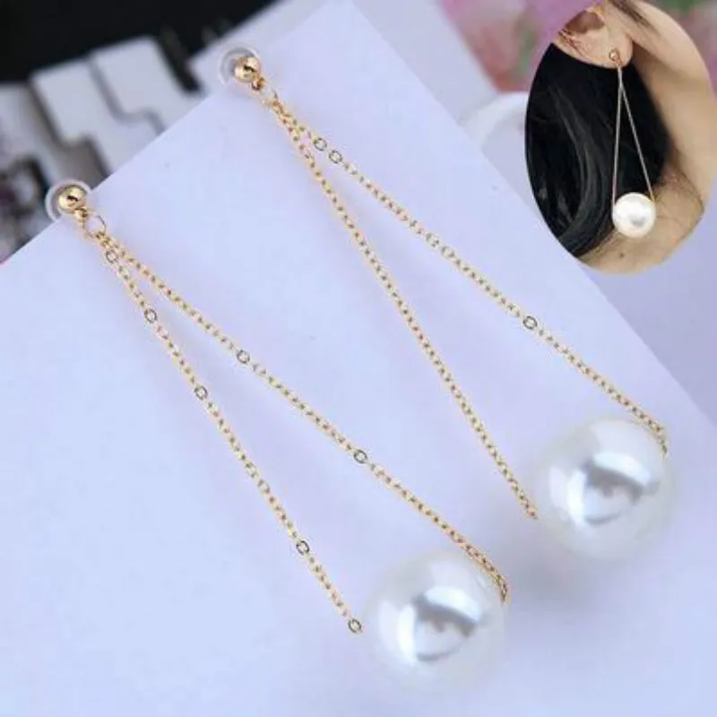 

New Woman Drop Earring Big Simulated Pearl Long V style Tassel Dangle Earrings High Quality Personality Fashion Jewelry