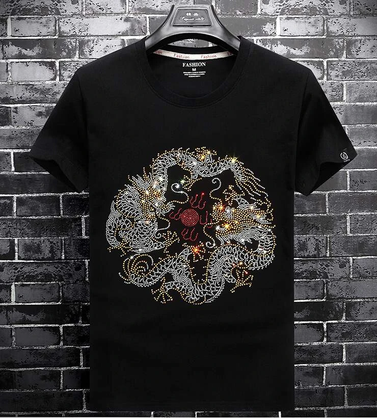 

Summer Top Mens Rhinestones T Shirts Modal Cotton O Neck Short Sleeve tshirt
