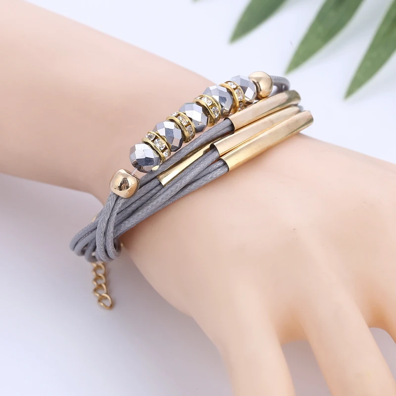 

2019 New Fashion Ladies Multi-layer Jewelry Leather Bracelet Ladies Bracelet European Beads Charm Gold Bracelet Christmas Gift