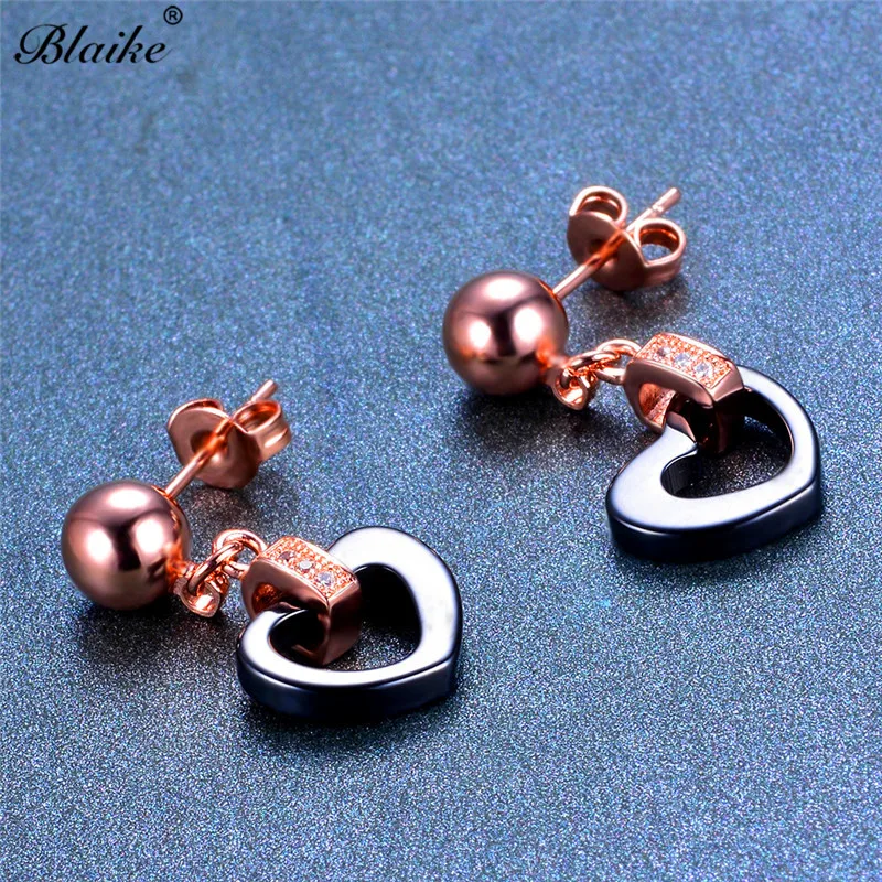 Blaike Trendy Rose Gold/Silver Dangle Earrings For Women Black/White Ceramic Heart Drop Earring Statement Jewelry Christmas Gift | Украшения