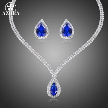 

AZORA Newest Luxury Sparking Brilliant Blue Cubic Zirconia Necklace Earrings Wedding Bridal Jewelry Set Dress Accessories TG0272