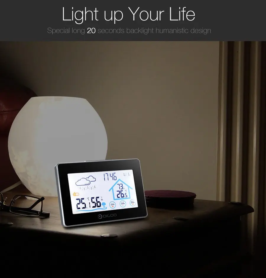 Digoo DG-TH8380 сенсорная комнатная уличная Метеостанция+ 100 м датчик погоды Термометр гигрометр метр календарь 3CH подсветка
