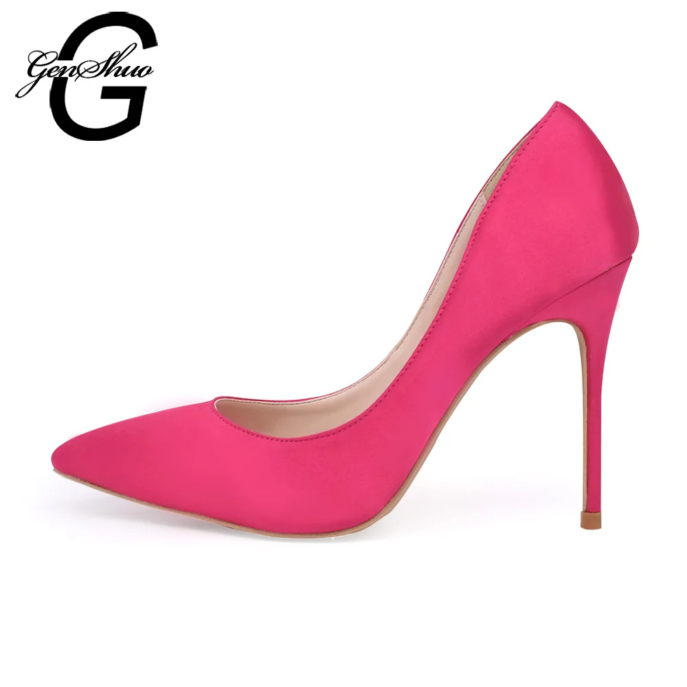 

GENSHUO Brand Shoes Women High Heels Pumps 10CM Silk Heels Wedding Shoes Satin Pumps Pink Sexy Party Heels Big Size