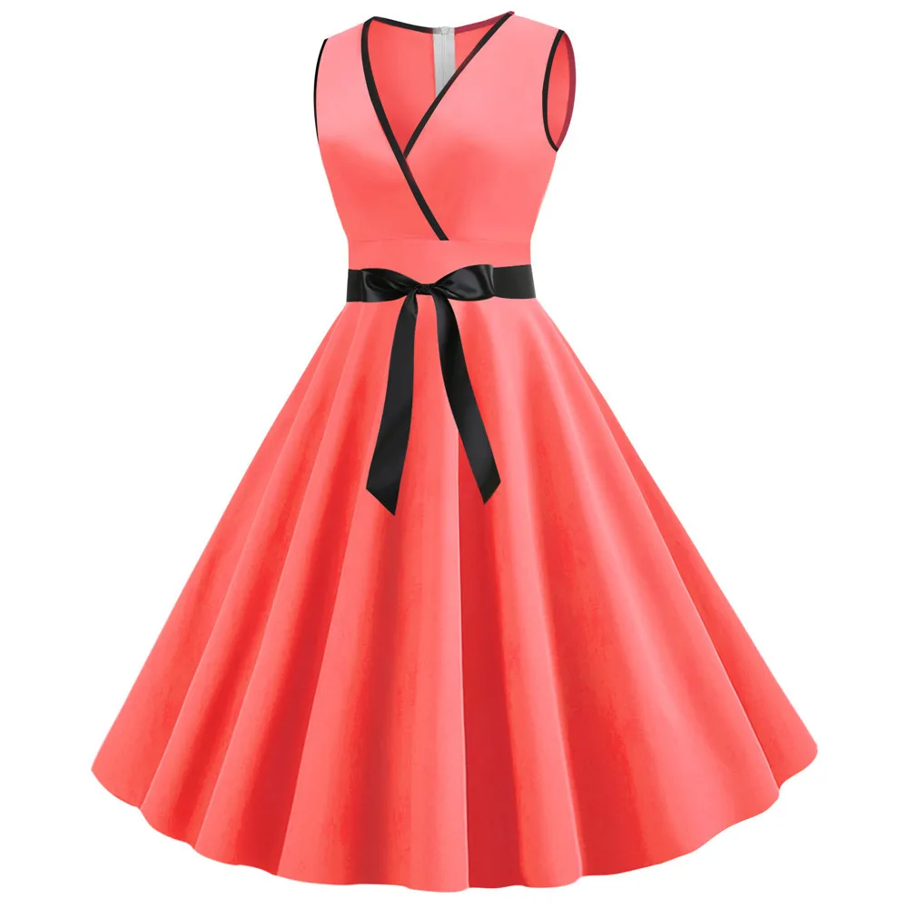 LAUZUOLA Light Blue Pink Pleated Vintage Dress Women Sexy Sleeveless V Neck Retro 50s 60s Pinup Swing Summer Dresses Solid