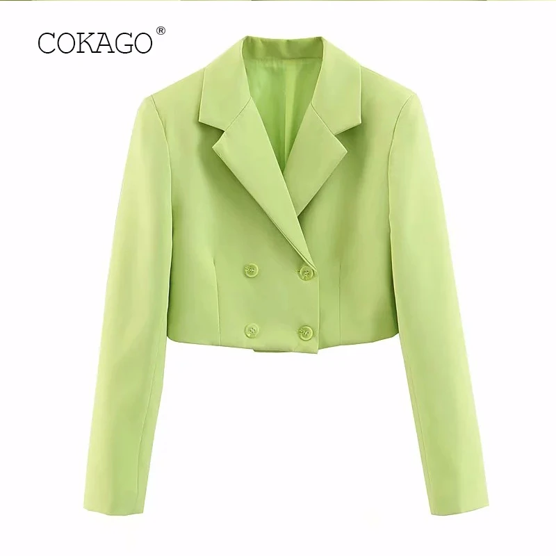 

COKAGO 2019 Summer Women Blazers And Jackets Female Candy Green Double Breasted Casual Cropped Suits Women's Blazers Long Sleeve