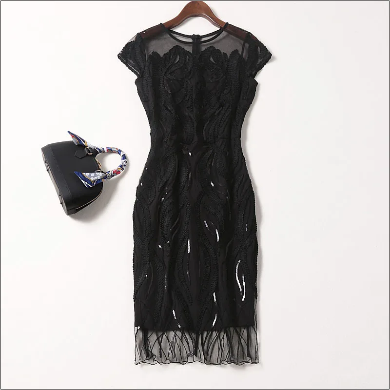 Robe 4530 Mesh Femmes Noir Sexy Luxe De Casual Broderie Robes multi Mini Paillettes wqFWvI