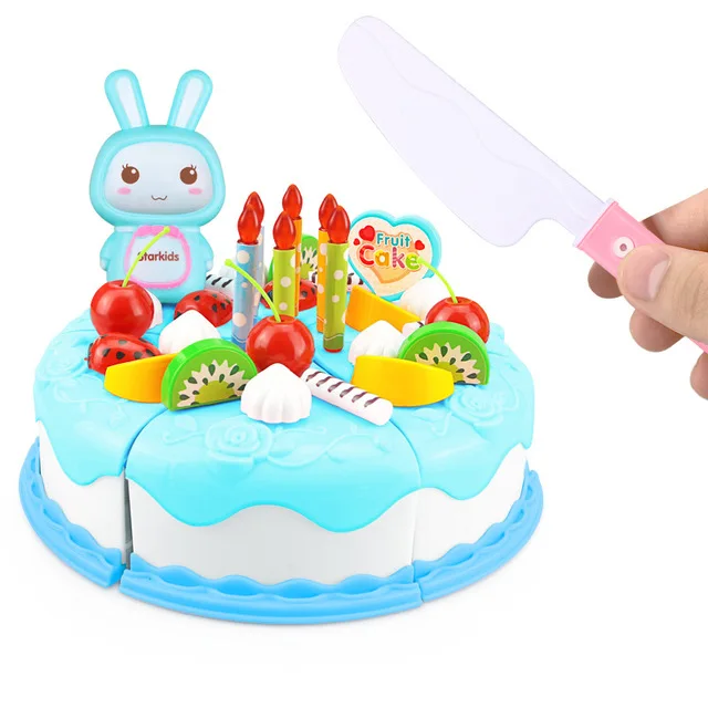 37-103 шт DIY ролевые игры фруктовая резка торт на день рождения кухня еда игрушки Cocina De Juguete игрушка розовый синий подарок для девочек для детей - Цвет: 37PCS Blue