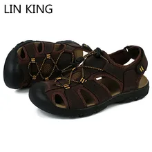 LIN KING/мужские сандалии больших размеров 50; летние пляжные сандалии из натуральной кожи; повседневные спортивные сандалии на мягкой подошве; удобная Уличная обувь