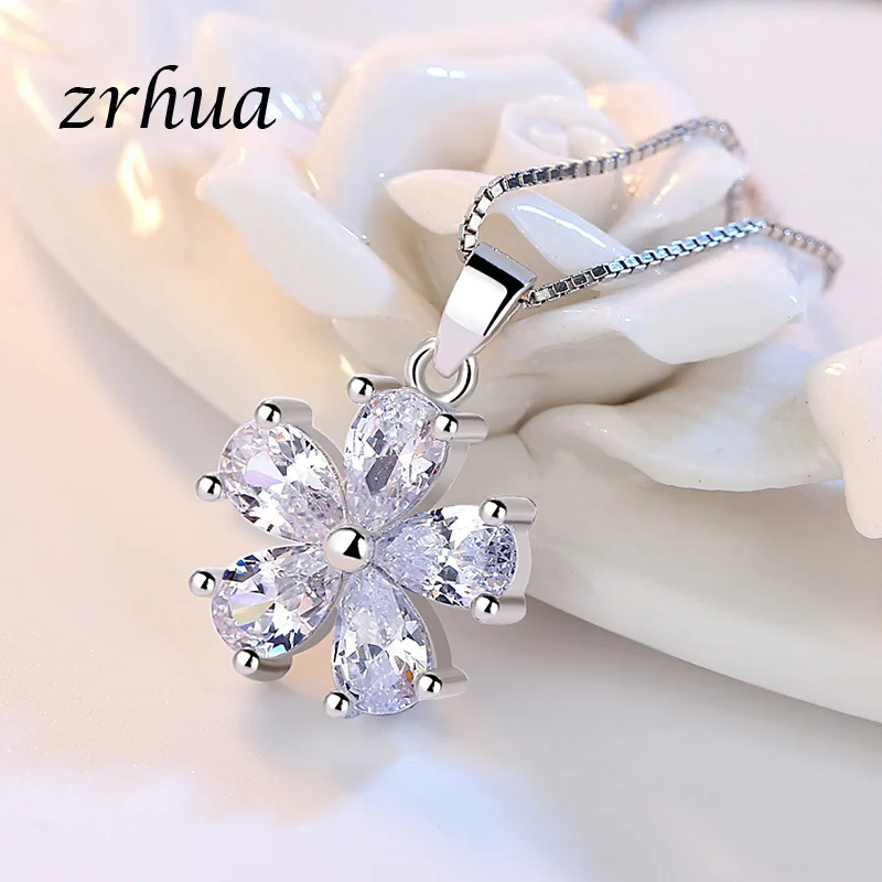 ZRHUA хорошее качество ослепительный AAA+ циркон цветок кулон 925 пробы Серебряное ожерелье для женщин Femme Свадебные ювелирные изделия аксессуары