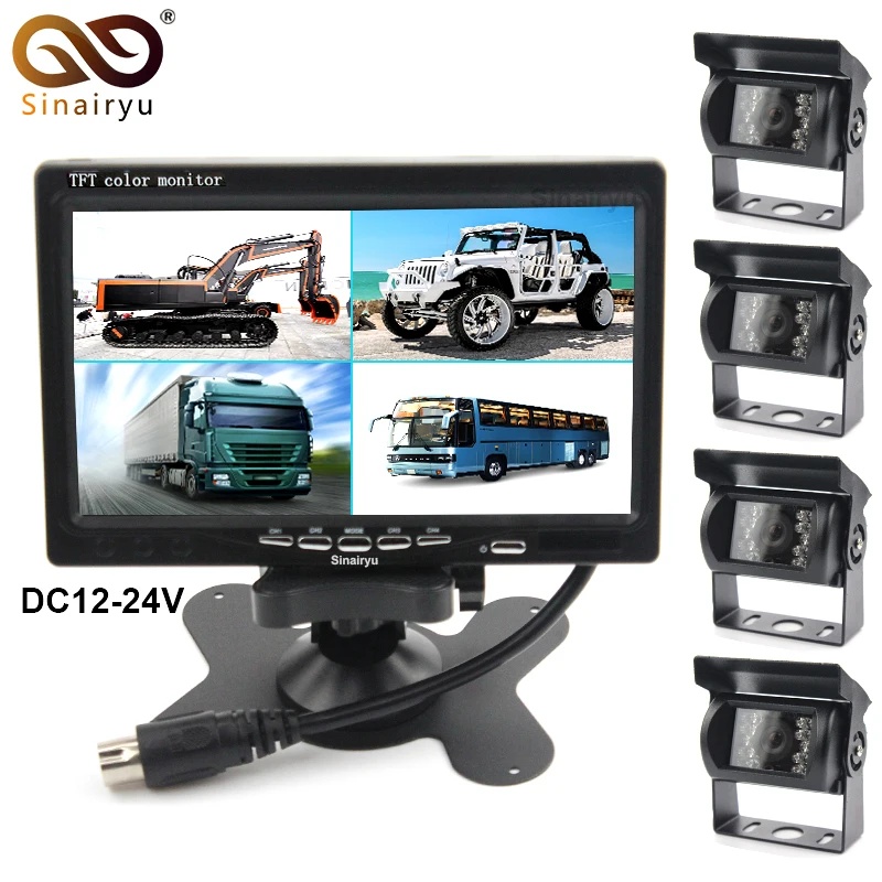 

Promotion! DC 12V/24V 7" LCD 4CH Video input Car Video Monitor With 4 Pcs Rear View Camera 6 Mode Display For Truck Caravan Vans