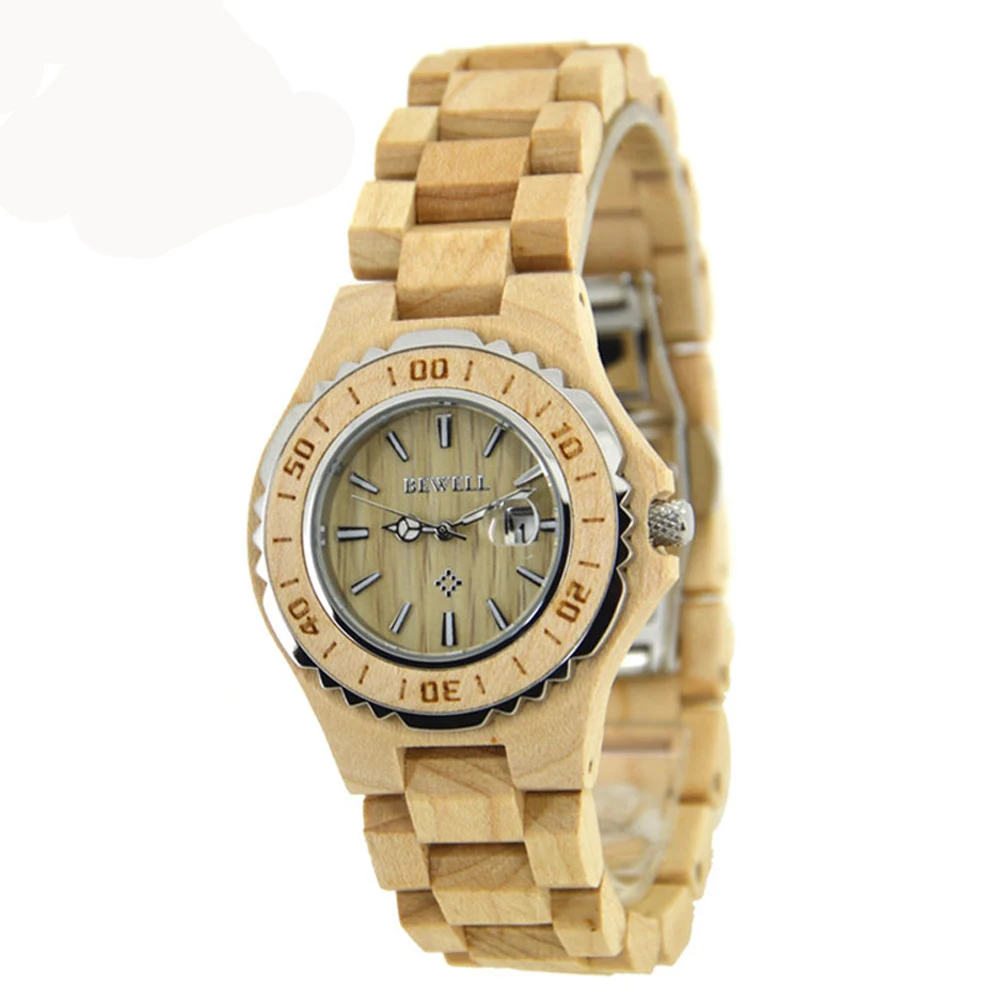 

BEWELL Women' Wooden Watches High Quality Water Resistant Japan Quartz Watch Luminous Pointer 3H Calendar Dropshipping 100BL