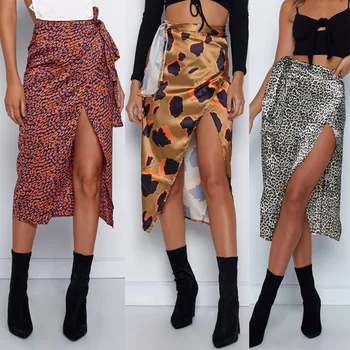 

New Summer Casual Chiffon Print Mid-Calf Skirts Women Sexy Print High Waist Irregular Split Bandage Pencil Skirt falda mujer #C