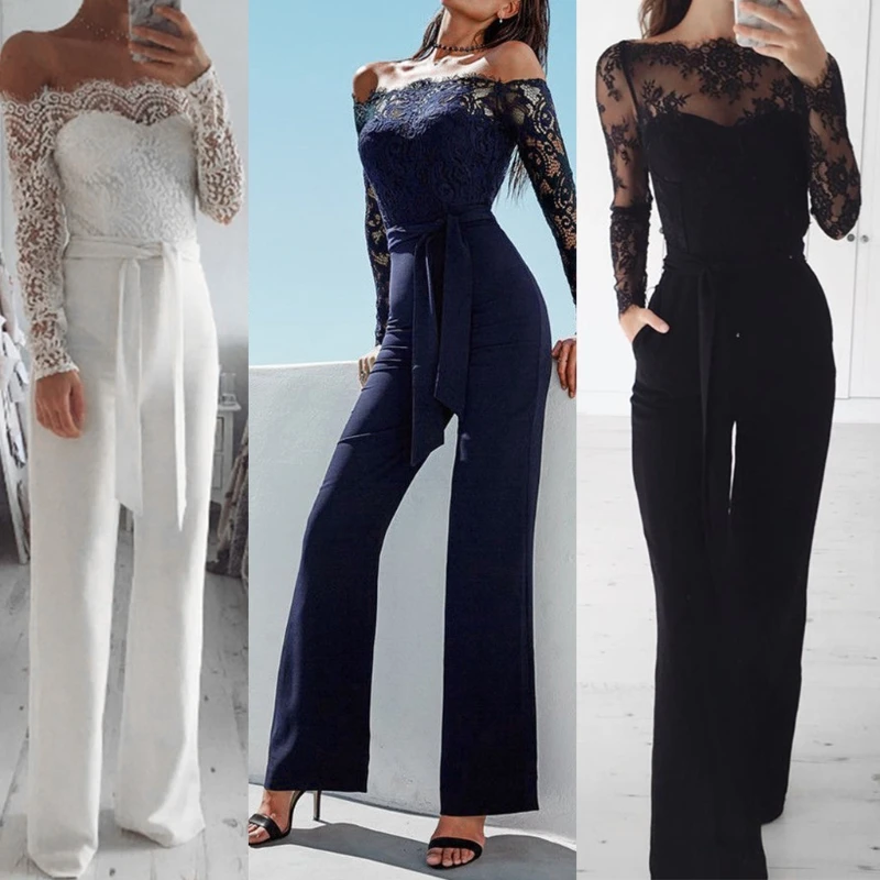 

Elegant Off shoulder Lace Rompers Jumpsuit Sexy Long Trousers Overalls Jumpsuit