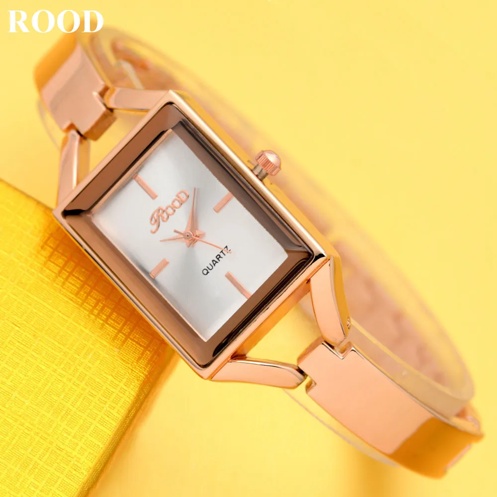 Gold Watches for Ladies 2017 ROOD Brand Fashion Rectangle Case Women