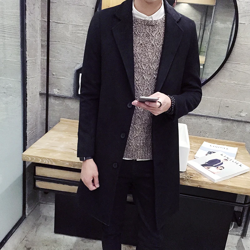 Men Woolen Long Coat Trench Coat Winter Slim Fit Black Green Vintage Khaki