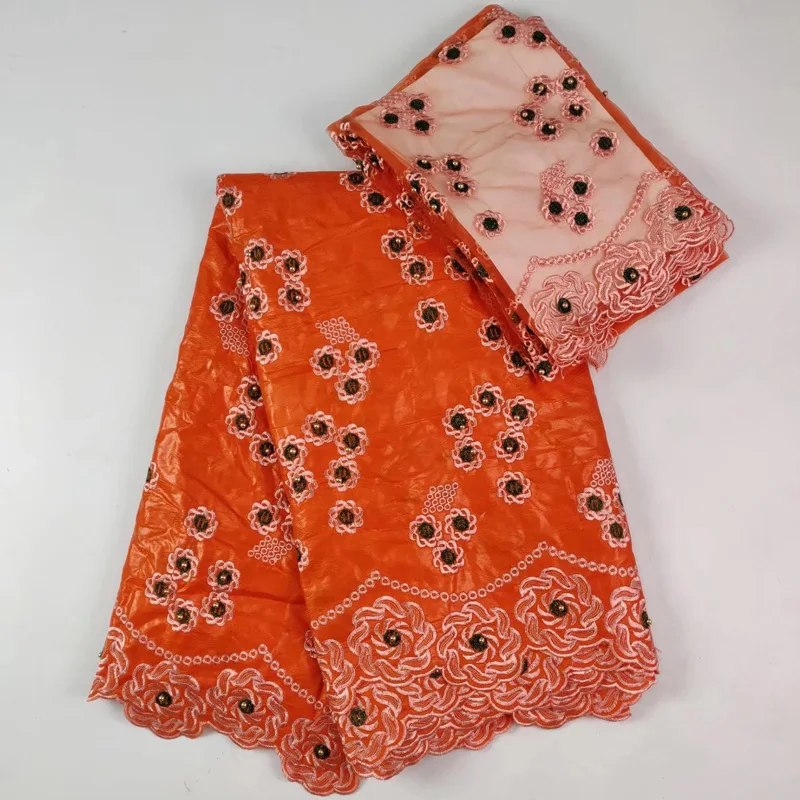

(5+2 yards /set) high quality African bazin lace fabric in orange with elegant embroidery plus scarf lace for party dress BLW14