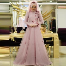 Muslim Evening Dresses Formal Women Kaftan Long Sleeve With Hijab 2017 Flower Turkish Islamic Women Party Dress Custom Made