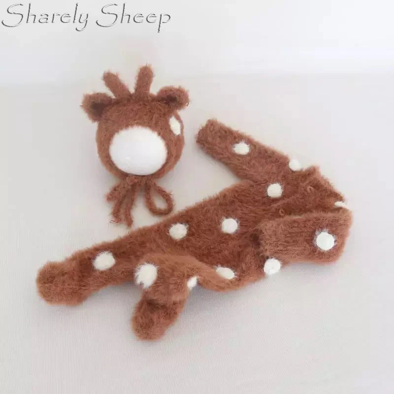 Handmade Newborn Onesie Sitter Photography Props Cartoon Animal Rompers Baby Boy Photo Shoot Posing Bear Hat+Footed Overall bebe