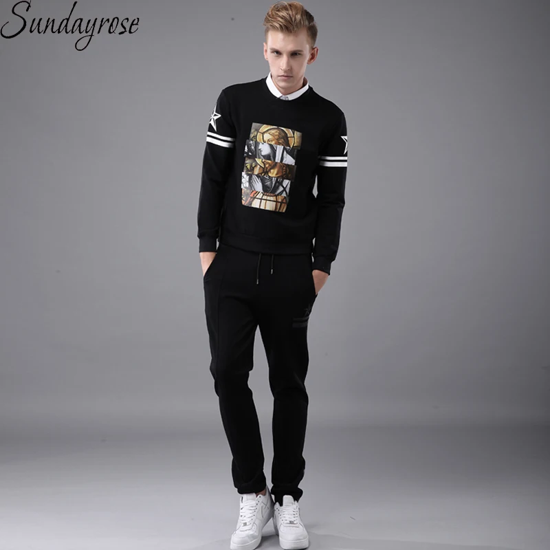 

High Quality Brand 2Pcs Men's Suit 100% Cotton Print T-Shirt + Pants Gym Fitness Sport Tracksuit Elastic Jogging Running Sets