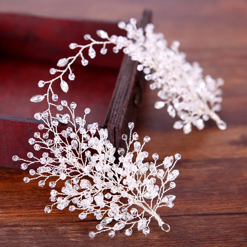 KMVEXO Rhinestone Beaded Tiaras Bridal Crown Headband Women Headpiece Floral Wedding Hair Accessories Crystal Bride Hair Jewelry