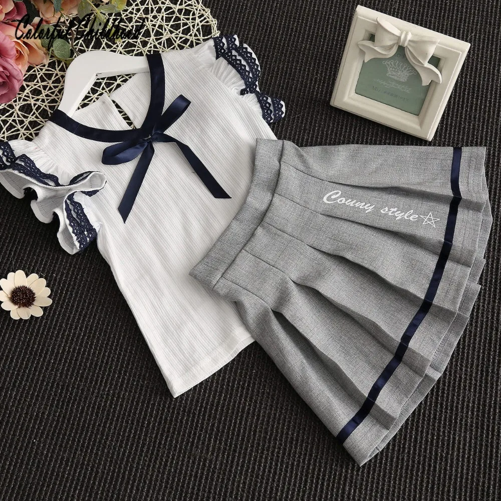 

Spring Summer Child Clothes Baby suit kids set bow blouse+Tutu Skirt School Girls Skirts Princess Mini Pleated Skirt 2-7yrs