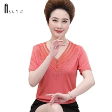ASLTW летняя футболка женская модная новинка Женский короткий рукав тонкий вязаный Топ Плюс размер сплошной v-образный вырез женские футболки