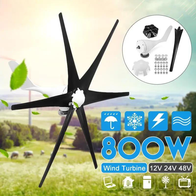 

New 800W 12/24/48Volt 6 Black Nylon Fiber Blade Horizontal Wind Turbines Wind Generator Power Windmill Energy Turbines Charge