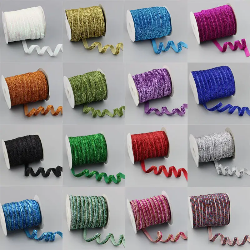 

Best prices 3/8'' elastic Glitter Velvet Ribbon 1y/color/lot YOU PICK COLOR party decoration wholesale 10mm