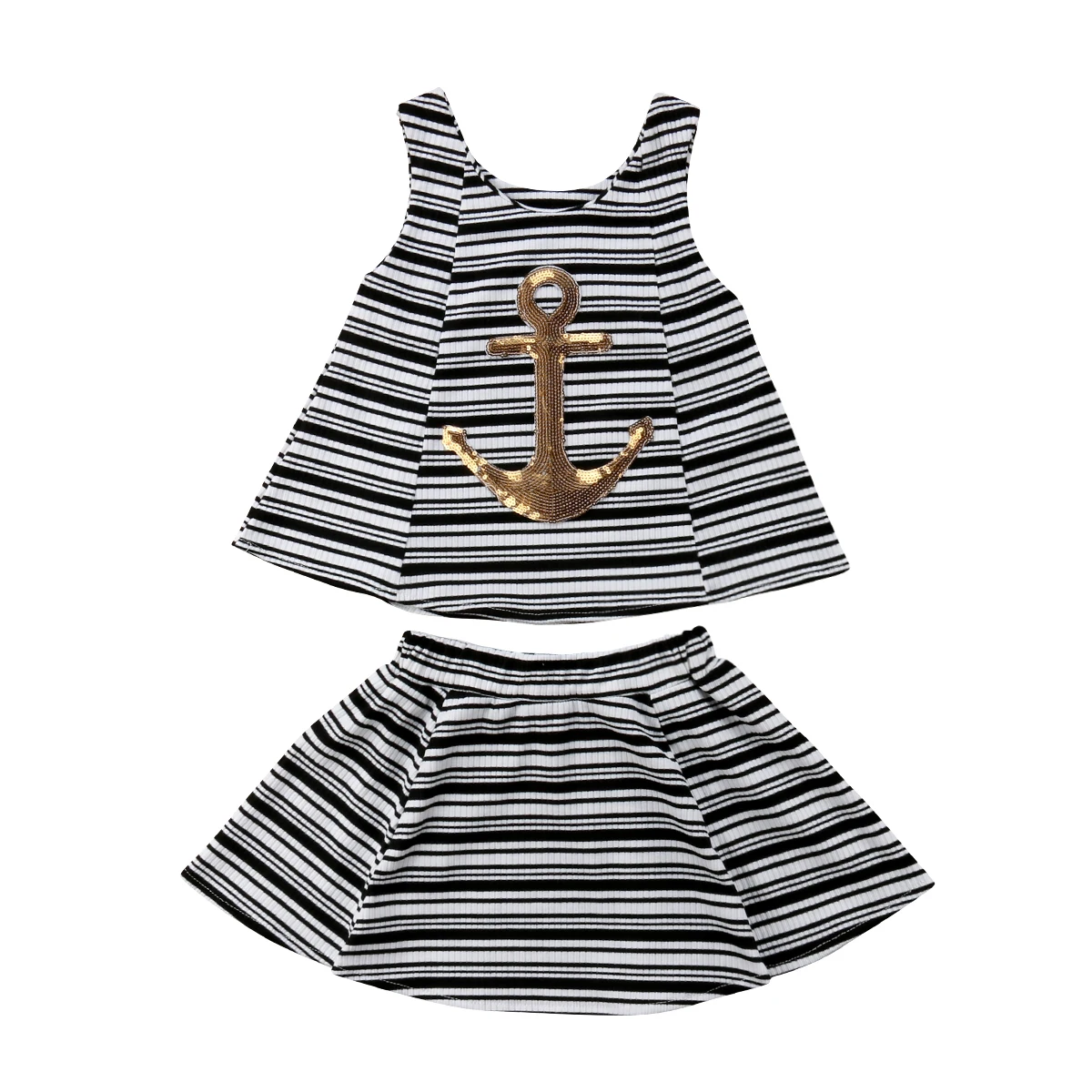 Summer Baby Girls Anchor Outfits Clothes Kids Vest Tops+Striped Skirts