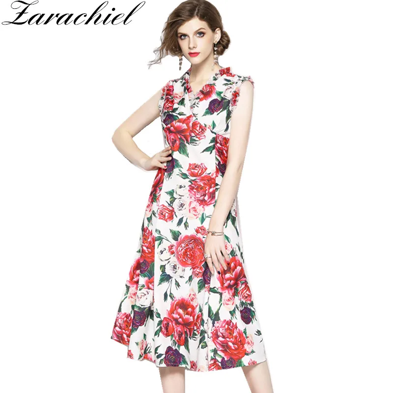 

Runway Designer 2019 New Summer Peony Floral Dress Women Sleeveless Butterfly V Neck Flower Print Ruffles Fishtail Long Dress