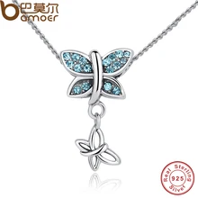 BAMOER Nueva Moda 925 Cristales Azules de La Mariposa Colgante de Collar de Plata de Ley para Las Mujeres de Compromiso Joyería Fina CC030