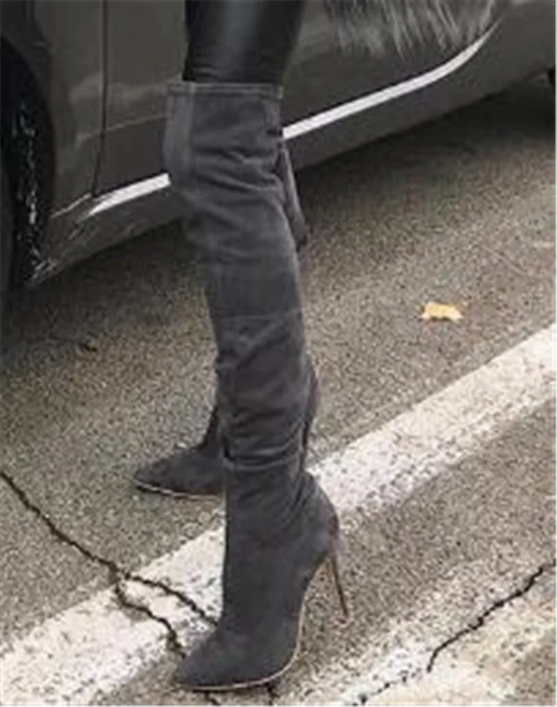 

Women Sexy Fashion Pointed Toe Suede Leather Stiletto Thin Heel Over Knee Boots Slim Style Long High Heel Boots Dress Shoes