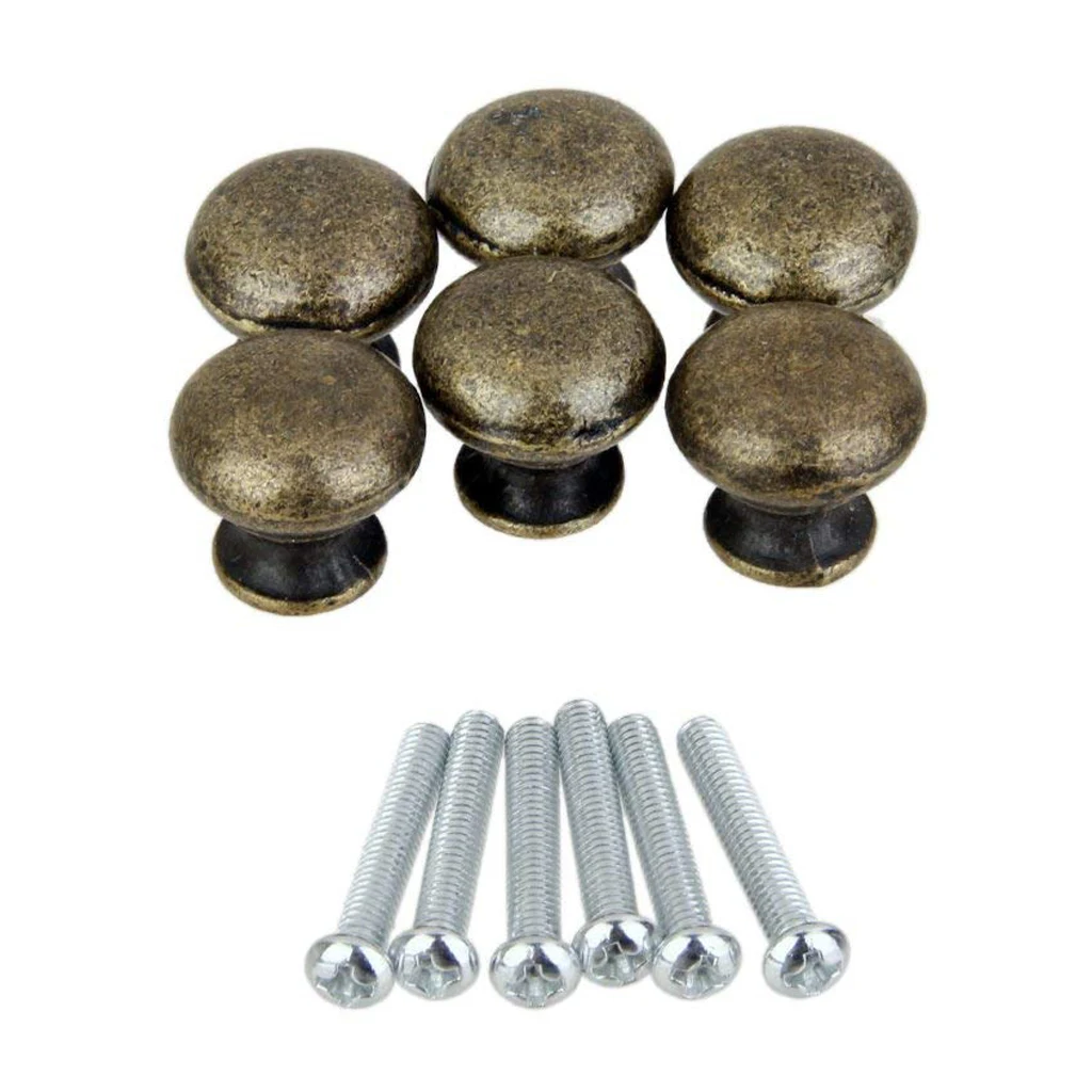 Set of 6 Handle Door Knob Round Drawer Cabinet Vintage - Antique Brass