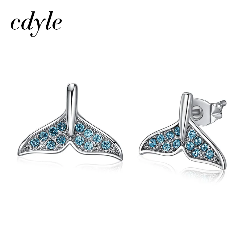 Cdyle 925 серебро океан море серьги украшены Хрустальная Русалочка Хвост серьги гвоздики женские свадебные