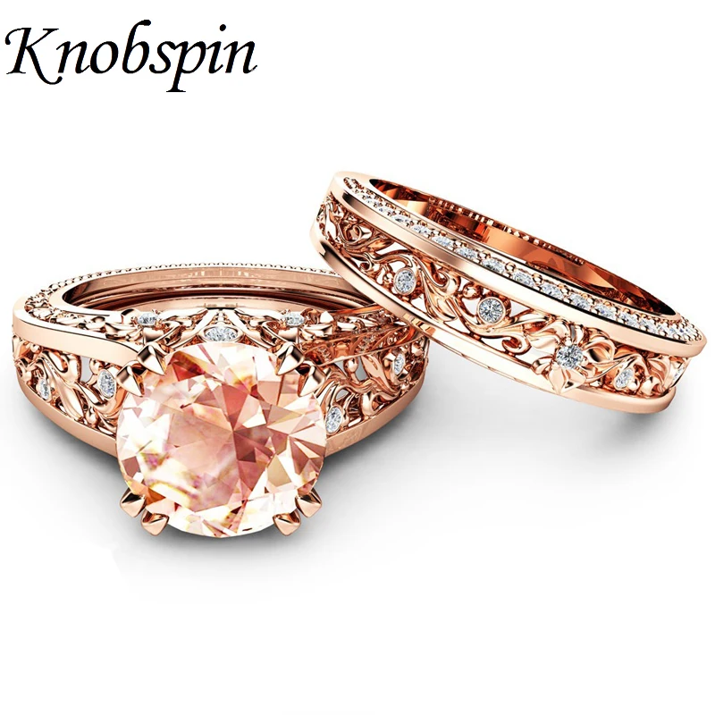 

Elegant Zircon Ring Jewelry Plated Rose Gold Color Champagne Gem Engagement Wedding Ring Set for Women Size 6-10 anel feminino