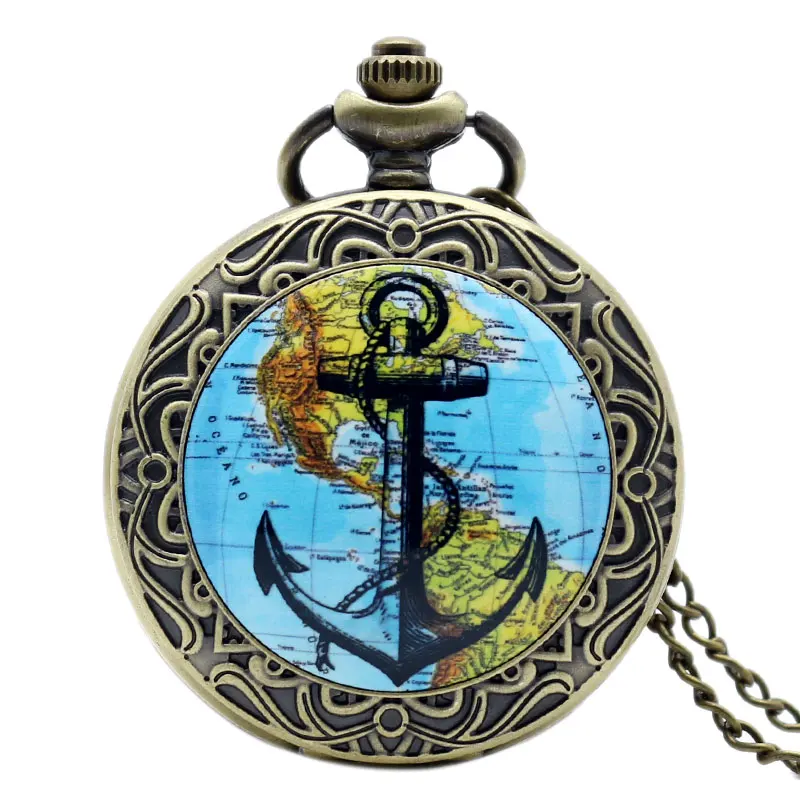 2016 Best Gift Bronze American Continent Map Navigation Anchor Pocket Watch With Long Necklace Chain