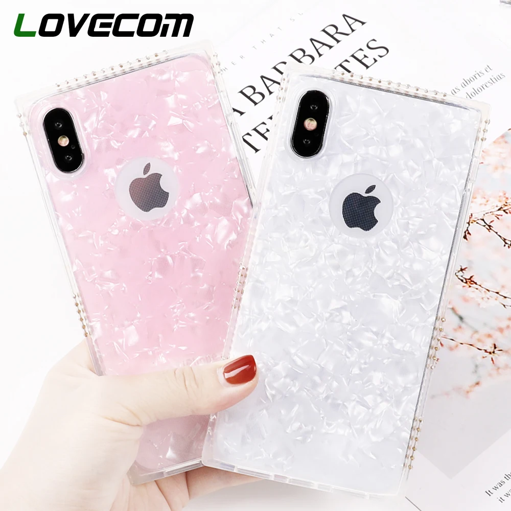 

LOVECOM Phone Case For iPhone 6 6S 7 8 Plus X DIY Diamond Edge Two-in-one Shell Paper Jam Transparent Square Cases Back Cover