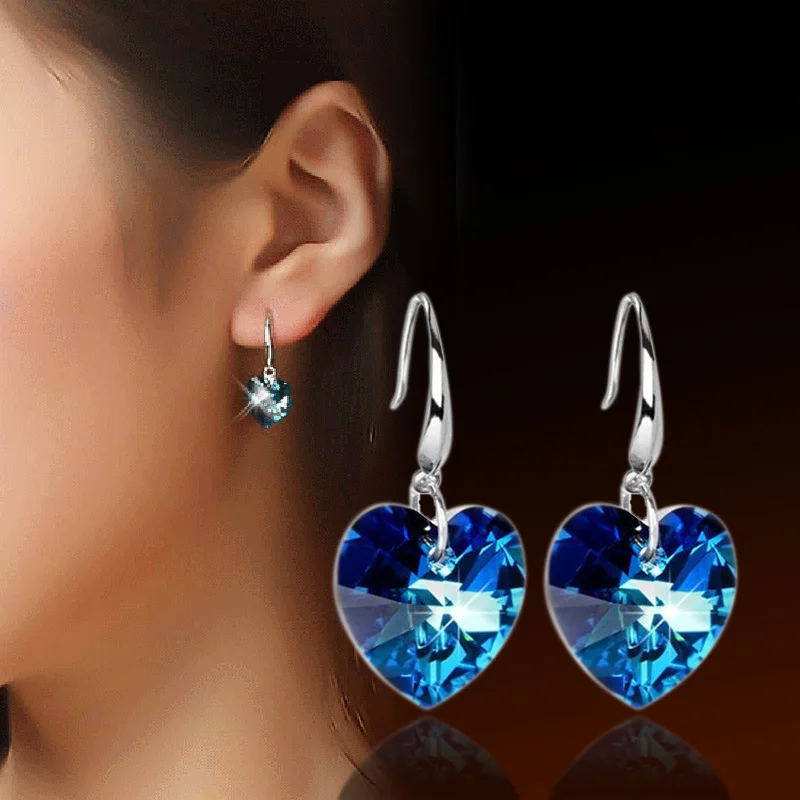 

100% 925 sterling silver fashion blue crystal love heart ladies`drop earrings jewelry female Anti allergy Christmas gift cheap