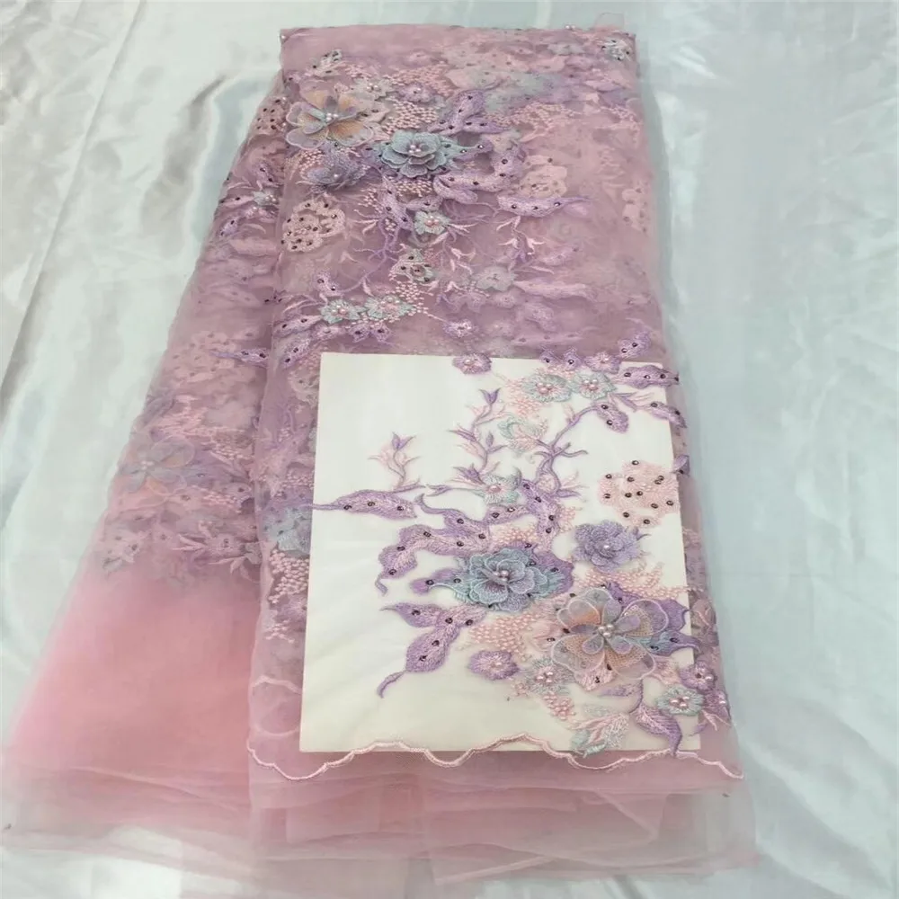 

black&pink french lace with stone beaded 3d flower fabric nigerian lace fabric 2018 high quality sewing materials5yard/lotHJ56-1