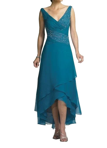 

Chiffon Mother of the Bride Dresses With Jacket Tiered V-Neck Criss-Cross Pleat Turquoise Cream High Low 2019 Wedding Party Gown
