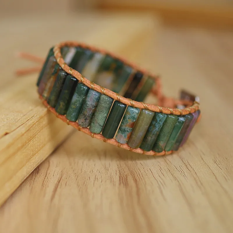 

Women Men Bohemia Leather Wrap Bracelet & Bangle Natural Indian Onyx Cylindrical Beaded Charm Cuff Bracelet Handmade Jewelry
